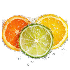 Refreshing citrus fruit slices in sparkling water bubbles isolated on a transparent background