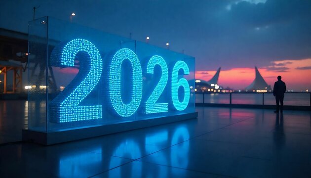 Futuristic glowing 2026 typography neon blue digital year - Powered by Adobe