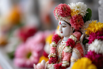 Fototapeta premium statue of Lakshmi adorned with flowers and jewelry, realistic scene, temple setting, soft light, 