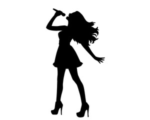 Silhouette of female singer singing, isolated icon on white background.	