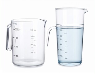Two measuring cups side by side – one empty, one filled to 1L mark with water, fluid