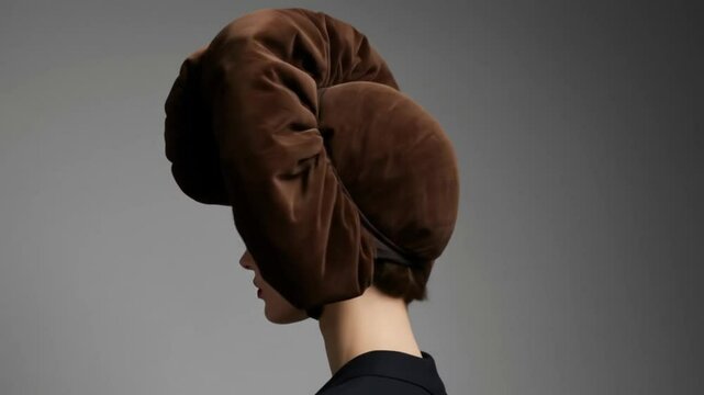 Model wears giant brown headpiece