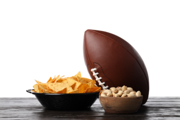 PNG,Chips, popcorn and a rugby ball, isolated on white background