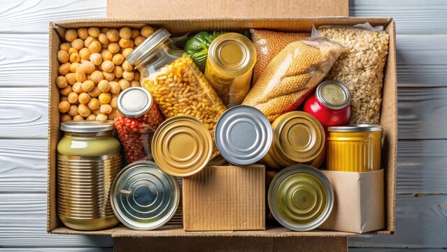 A large box overflowing with various types of non-perishable food items such as canned goods pasta rice and noodles