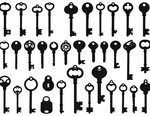 Vector silhouette collection of various keys and keyholes, black solid shape