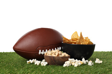 PNG,Chips, popcorn and a rugby ball, isolated on white background
