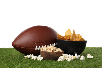 PNG,Chips, popcorn and a rugby ball, isolated on white background