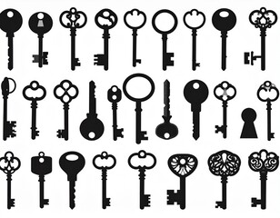 Vector silhouette collection of various keys and keyholes, black solid shape