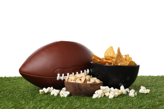 PNG,Chips, popcorn and a rugby ball, isolated on white background