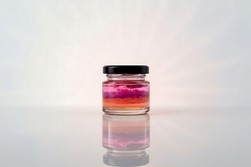 Small glass vial containing colorful layered liquids and particles with a black cap and reflection on a white background