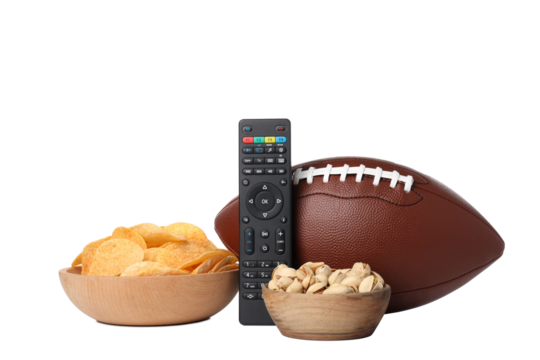 PNG,Chips, popcorn and a rugby ball, isolated on white background