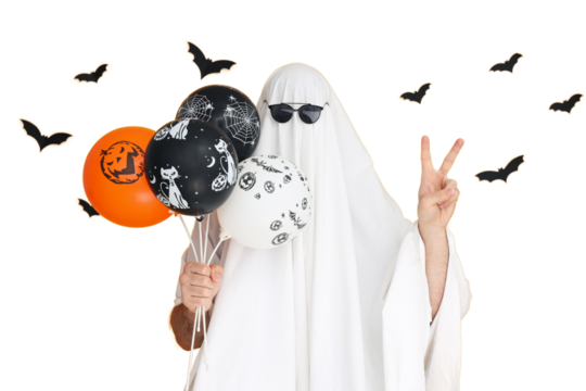 Ghost with Halloween balloons & peace sign, isolated on white, PNG