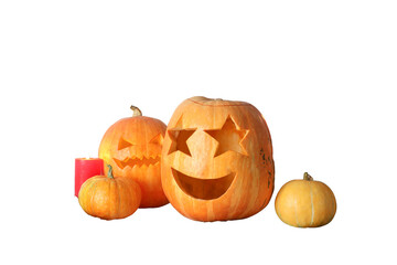 Fun, colorful carved Halloween pumpkins, isolated on white, PNG