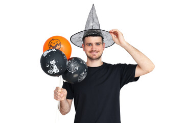 Person enjoys Halloween balloons, isolated on white, PNG