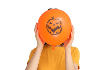 Child revels with a bright balloon, isolated on white, PNG