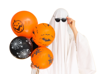 Playful ghost enjoys Halloween fun, isolated on white, PNG