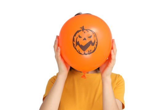 Child revels with a bright balloon, isolated on white, PNG