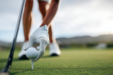 close-up of woman golfers hands adjusting tee, green field blurred, morning light, 
