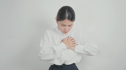 Business Woman having chest pain for Heart disease, angina disease and symptom heart attack disease Cardiovascular, Atherosclerosis, Hypertensive, Breast Cancer awareness, world Heart day and Health - Powered by Adobe