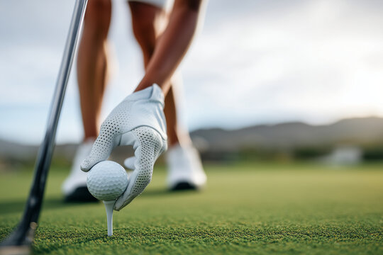 close-up of woman golfers hands adjusting tee, green field blurred, morning light, 