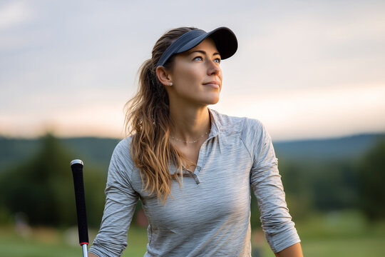 female golfer standing with a club on the tee, looking towards the horizon, serene morning light, , natural scene