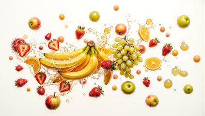 banana fruit splash green grapes red grapes apple and banana combo fresh strawberries citrus fruits orange and apple juicy banana bunch fruit mix splash pomegranate fruit vibrant fruit 