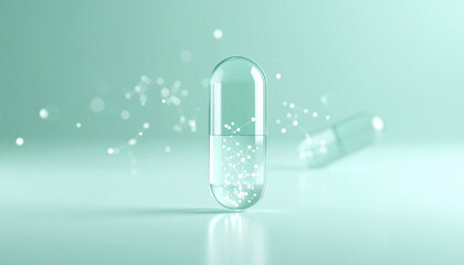 Close-up of capsules against molecular and bubble background.