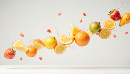fruit splash strawberry and orange citrus juice juicy fruits fresh fruit motion lemon slice orange slice strawberry close-up fresh fruit background fruit with juice orange juice splash