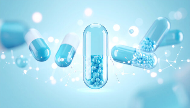 Close-up of capsules against molecular and bubble background.