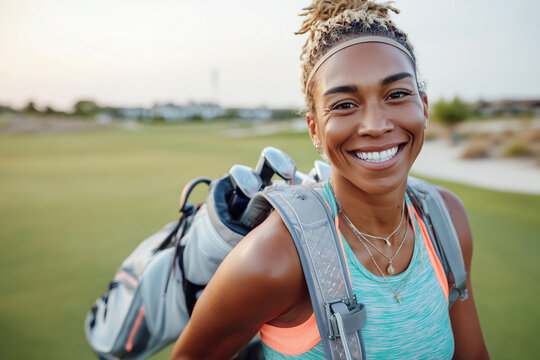 African American female golfer smiling and carrying golf bag across the course, natural light, summer scene