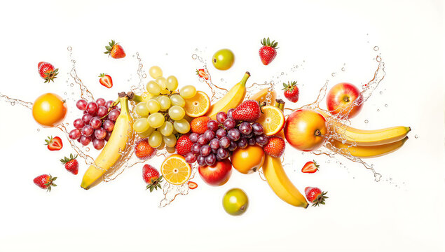 banana fruit splash green grapes red grapes apple and banana combo fresh strawberries citrus fruits orange and apple juicy banana bunch fruit mix splash pomegranate fruit vibrant fruit - Powered by Adobe