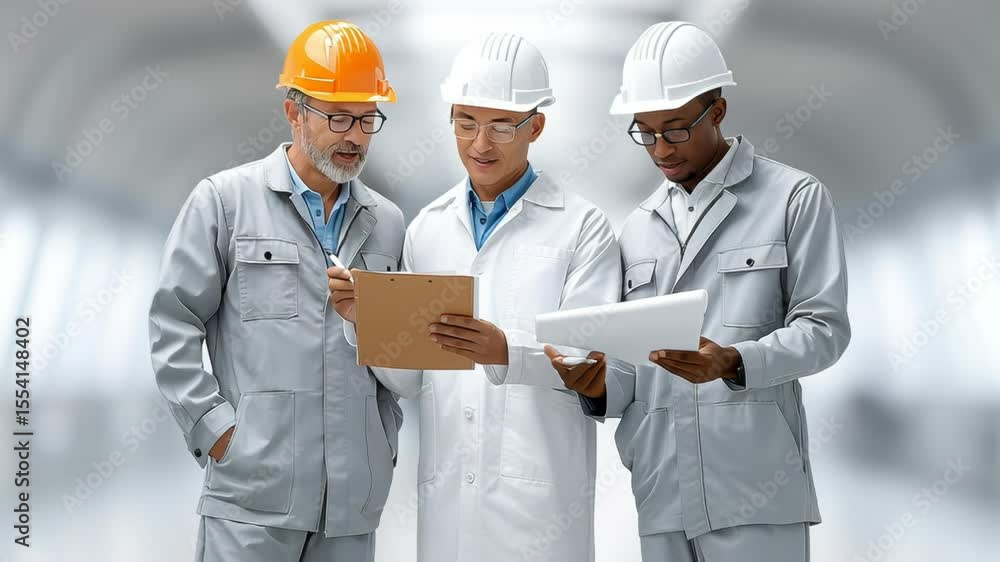 Poster collaboration in progress: a team of engineers and construction workers, each in their respective ha