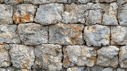 Fototapeta premium Close-up view of a stone wall, showing regular, square blocks of light gray and beige stone. Patches of orange-brown lichen or staining are visible on some blocks. Texture is rough and uneven