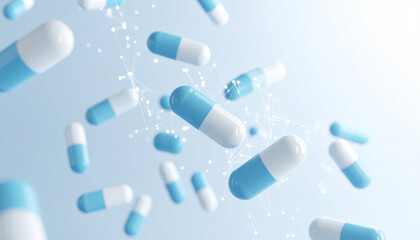Close-up of capsules against molecular and bubble background.