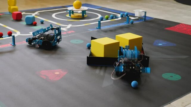 Two remote-controlled robot cars compete on a school robotics track placing blue balls into a basket in a timed challenge showcasing precise pick and place control and programming and teamwork success