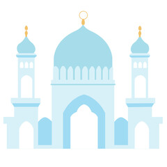 2D pastel illustration of a large blue mosque with minarets, commonly used for Eid Mubarak and Islamic holiday decoration themes