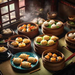 4K Resolution Live-Action Composite Image of Traditional Chinese Dim Sum Feast