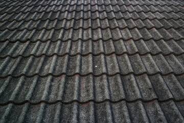 Close-up of a grey, textured roof with a repetitive, wavy tile pattern. The uniform surface and...