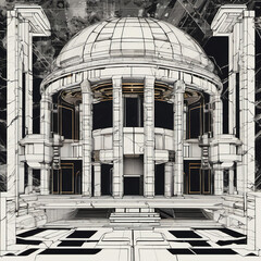 Film Grain Style Orthographic Drawing of Marble Techno Palazzo