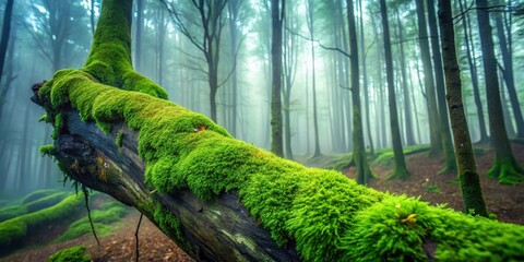 Soft green moss growing on a twisted tree trunk in a misty forest environment