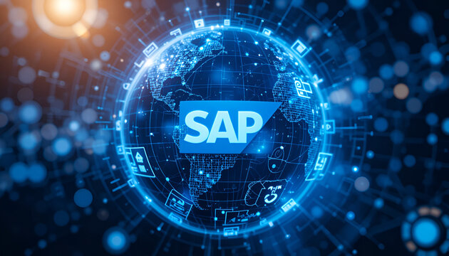 Glowing blue digital globe showcases SAP, a modern technology and data visualization concept representing global network and connections.