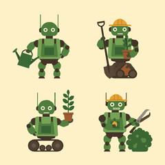 set minimalist geometric flat vector design of landscape gardener robots