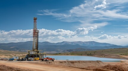 Geothermal brine injection wells are actively being prepared as trucks transport materials to the site near a serene lake, with majestic mountains in the background under a bright sky