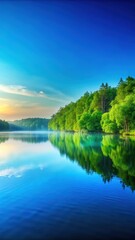 Obraz premium Serene lake scene with a bright blue and green gradient background featuring lush trees and a peaceful atmosphere at dawn