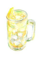 レモンが添えられたハイボールのジョッキの水彩イラスト