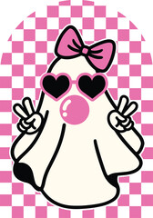 ghost; retro; vector; illustrator; bubblegum; pink; checkered; bow; halloween; cute; girl; trick; treat; spooky; cartoon; heart; bubble; cricut; silhouette; svg; dxf; png; clipart; sublimation; design