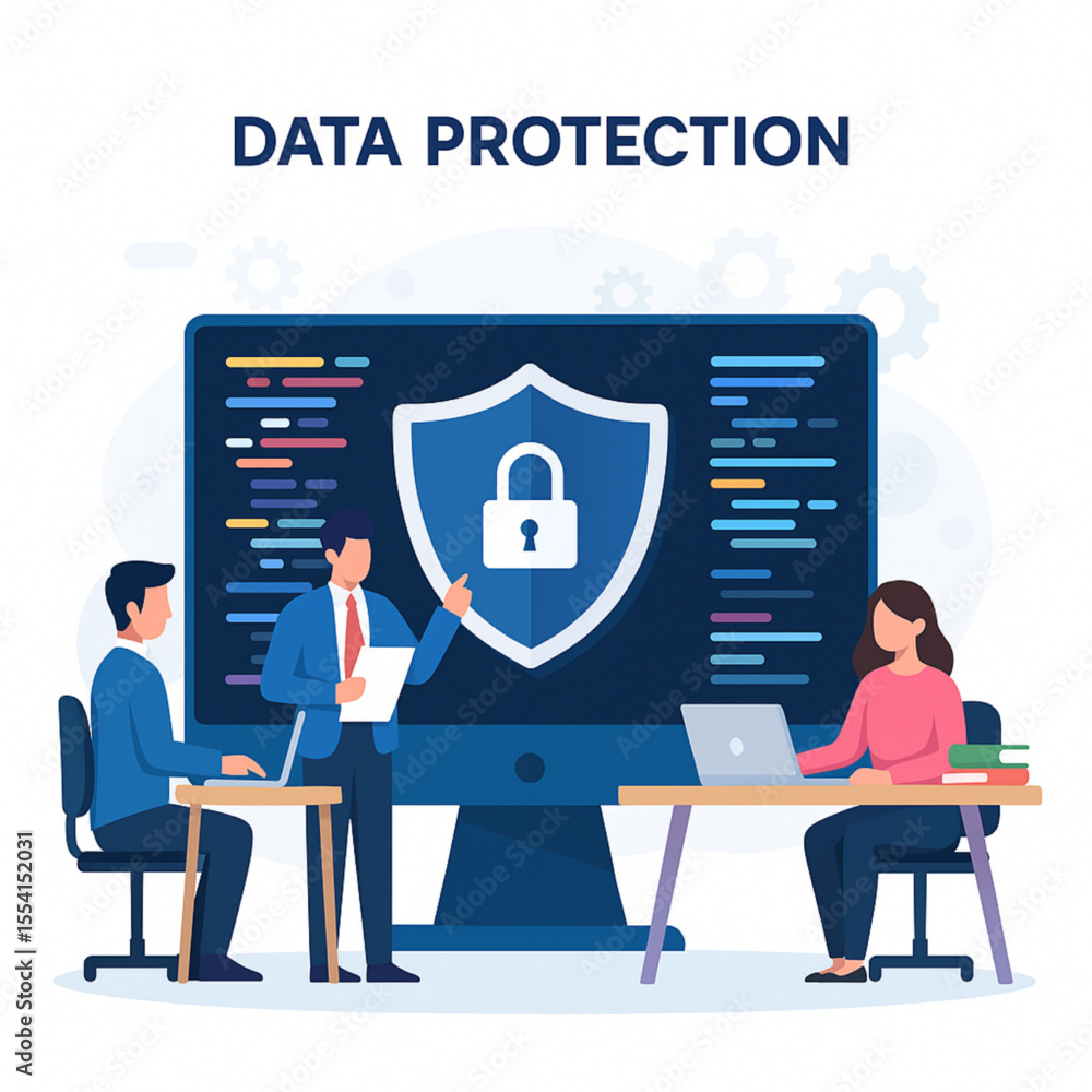 Poster business team presents data protection with a shield on a computer screen, emphasizing cybersecurity