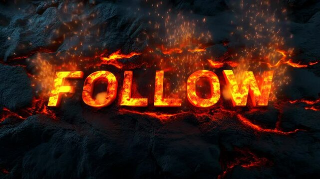A fiery lettering of the word Follow is displayed on a rocky surface. Concept of danger and excitement, as if the viewer is being drawn into a fiery world