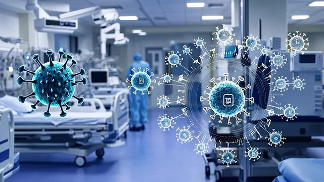 Hospital interior with superimposed virus imagery