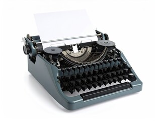 Classic Grey Typewriter with Blank Sheet on White Background